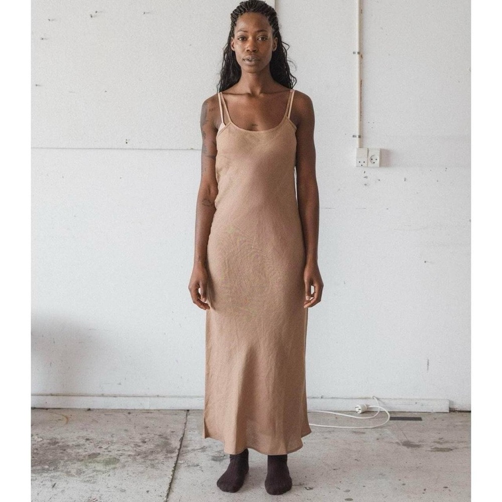 Baserange 100% linen tan maxi slip dress